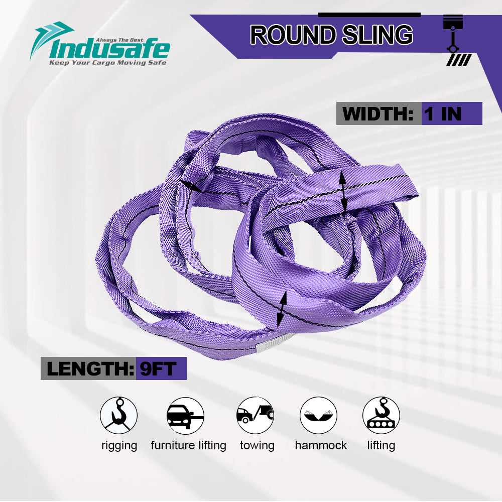 Indusafe Purple Polyester Endless Round Sling Rigging Lifting Straps, 9 Feet Length, 2,600 lb. Vertical Capacity, 5,200 lbs Basket