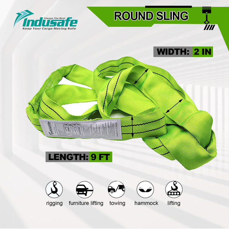 2'' 9ft Polyester Endless Round Sling Hoist Straps for Rigging Towing and Lifting Green  5300lbs Capacity