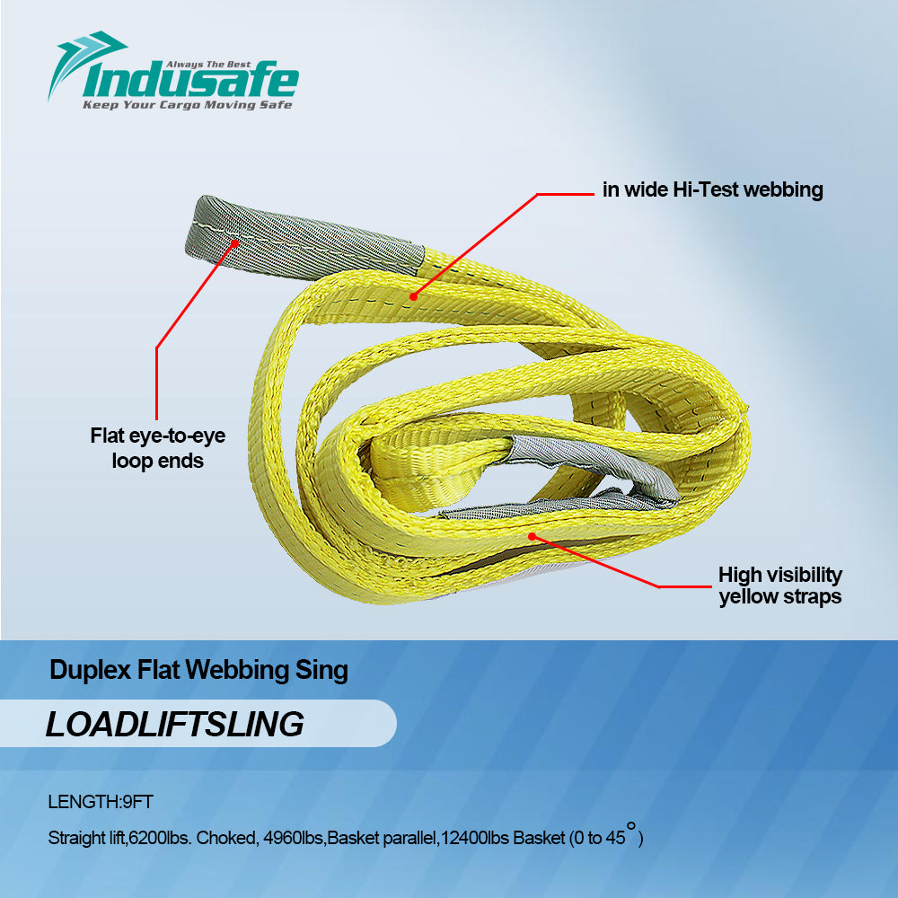 Indusafe 2" x 9’ Poly Web Sling Lifting Strap for Construction 6200lbs Vertical for Rigging Moving Towing Hoisting Work Gear