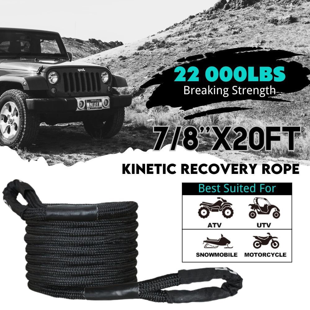 Indusafe Kinetic Recovery Tow Rope, 22000lbs Heavy Duty Offroad Snatch Strap, Heavy Duty Offroad Power Recovery Rope with Bag,Vehicle Recovery Rope for Jeep Car Truck ATV UTV SUV (7/8'' X 20FT)