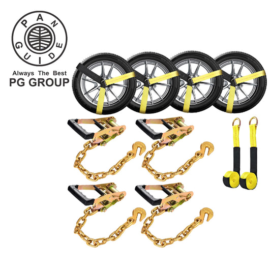 Pan Guide Car Tie Down Straps for Trailers with Heavy Duty Chain Anchors, 2" x 96" Tire Straps with Ratchet